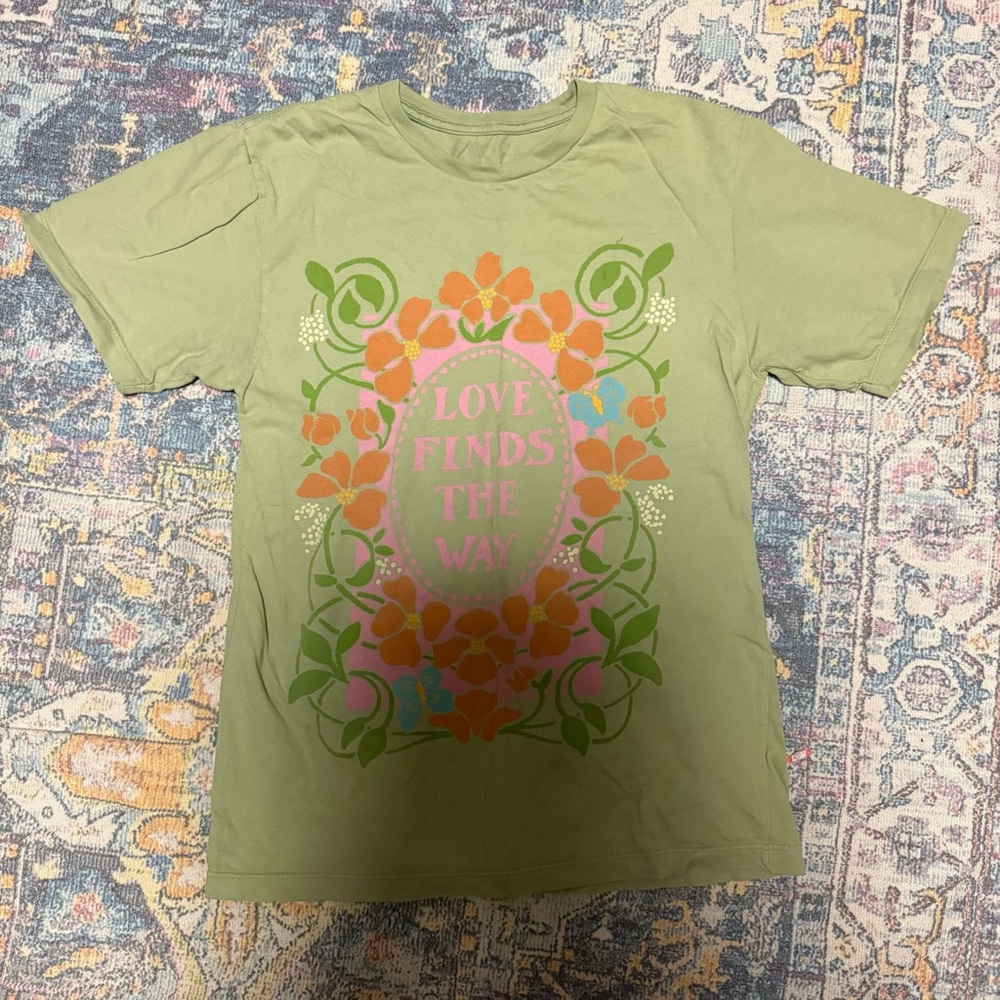 Green Floral Graphic Tee — "Love Finds The Way"